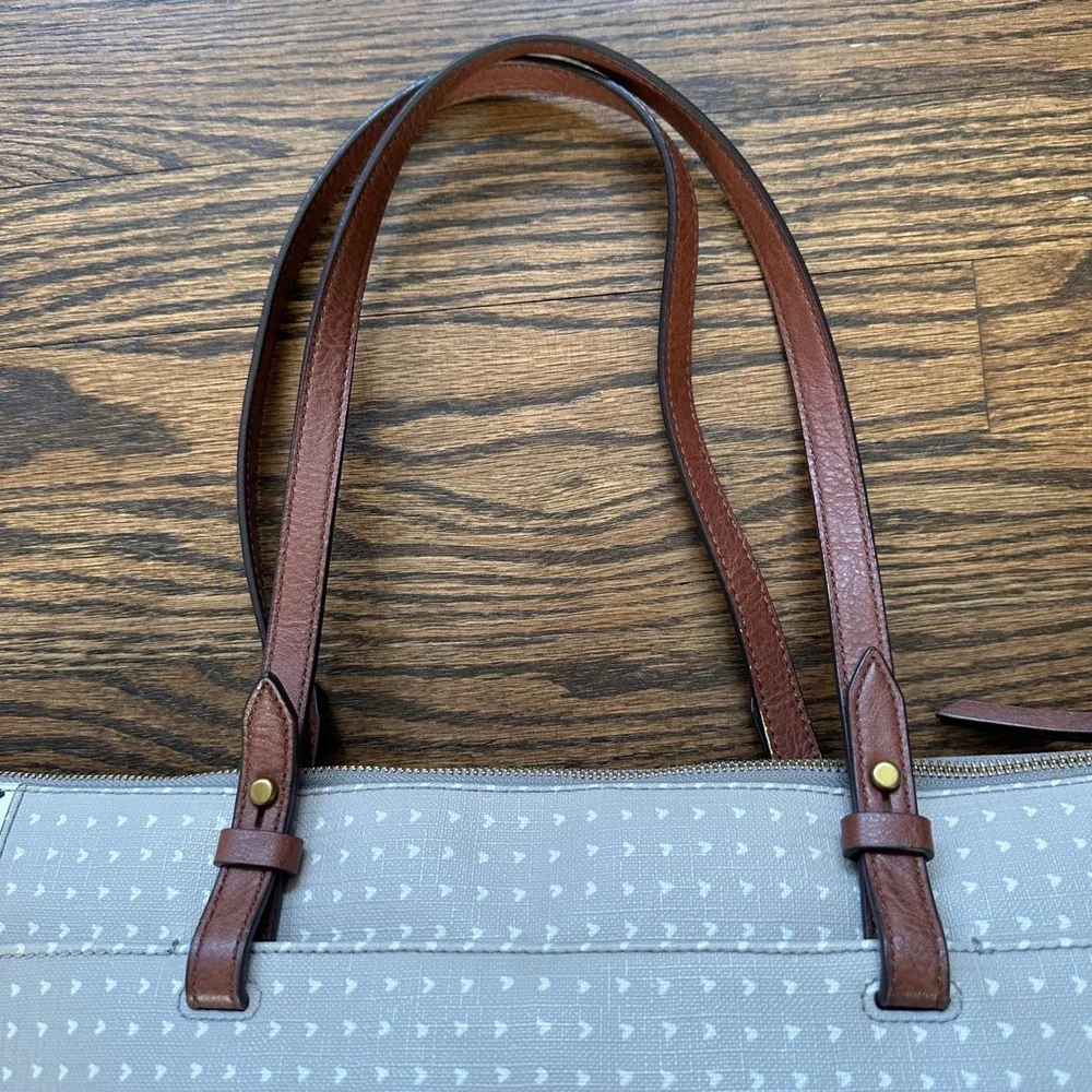 Fossil Rachel Women's Tote Bag Large Tan Heart Canvas Leather Shoulder Purse